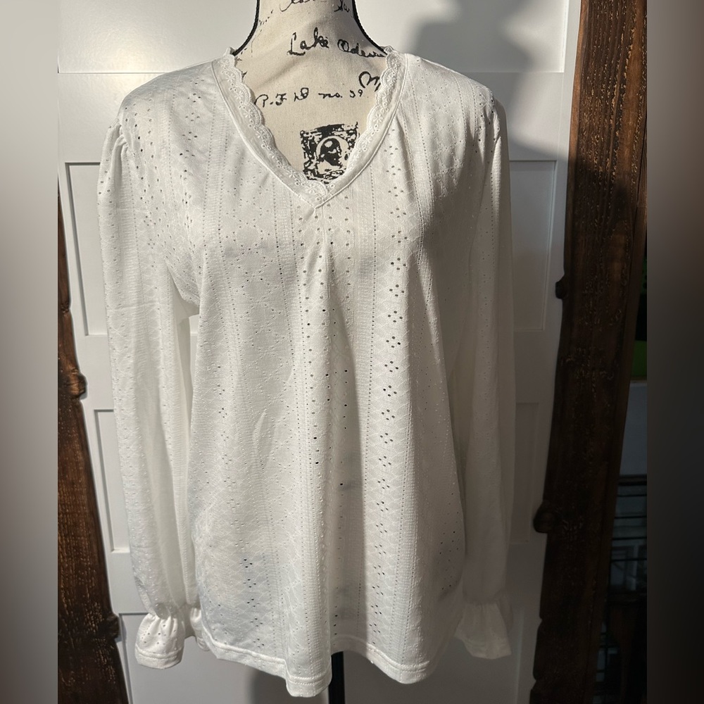 White Long Sleeve Eyelet Blouse - NIP Large